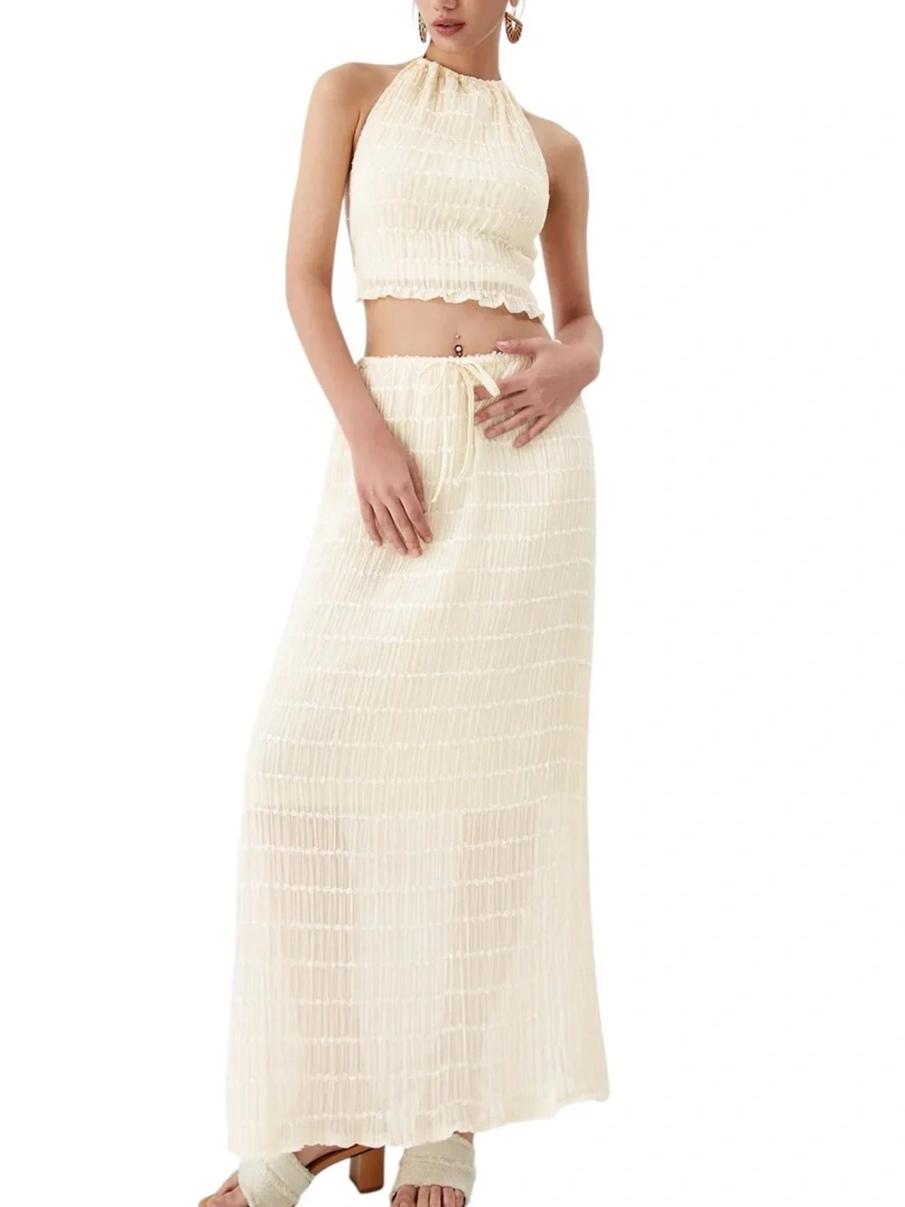 Commense Ivory Cream Set Backless Halter Crop Top and Maxi Skirt Small NWT - Picture 1 of 14
